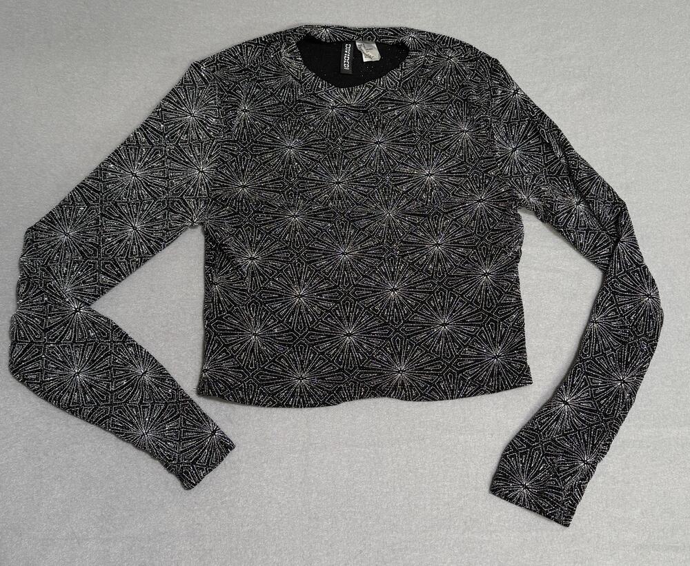 Divided by H&M Silver Crop Top Small Long Sleeve Starburst Holiday Club Party